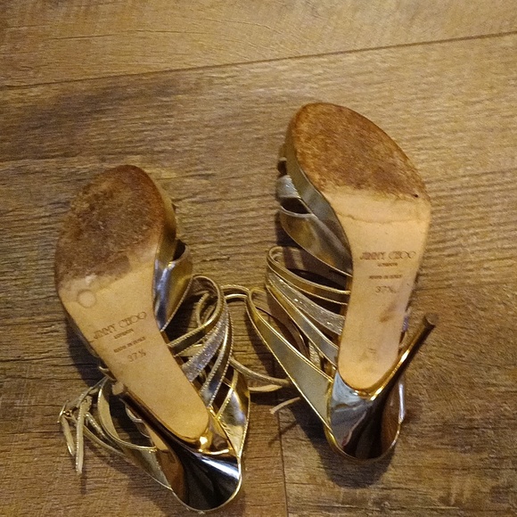 Jimmy Choo Metallic Gold Leather and Coarse Glitter Cage Open Toe Sandals 😘 - Picture 7 of 12